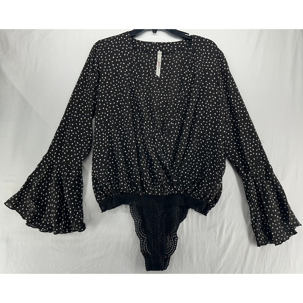 Intimately Free People‎ Polka Dot Wrap Bodice Bell Sleeve Lace Bodysuit Black M